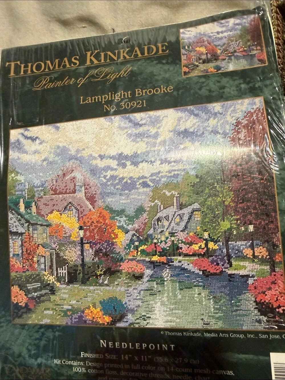 Thomas Kinkade Lamplight Brooke Needlepoint Art - Blue, Green, Red, Yellow